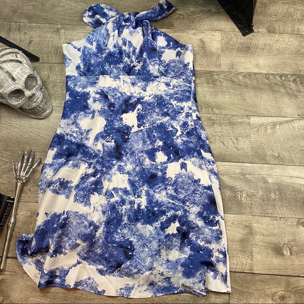 Blue white long silky floral dress Marc New York